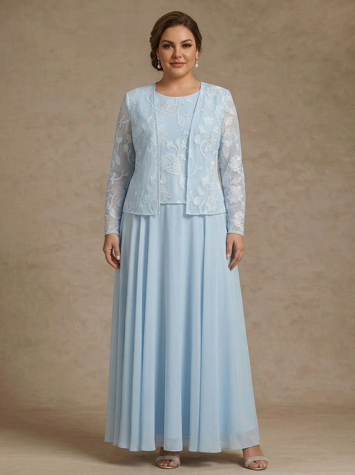 3 Pieces Suit A-Line/Princess Scoop Chiffon Plus Size Mother of the Bride Dresses with Jacket Lace Floral Ankle-Length Long Sleeves