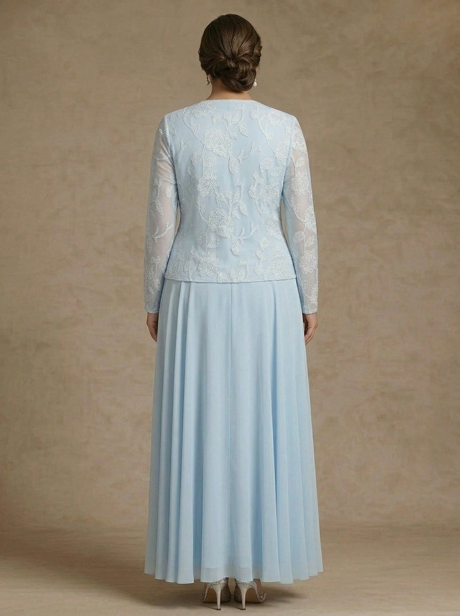 3 Pieces Suit A-Line/Princess Scoop Chiffon Plus Size Mother of the Bride Dresses with Jacket Lace Floral Ankle-Length Long Sleeves