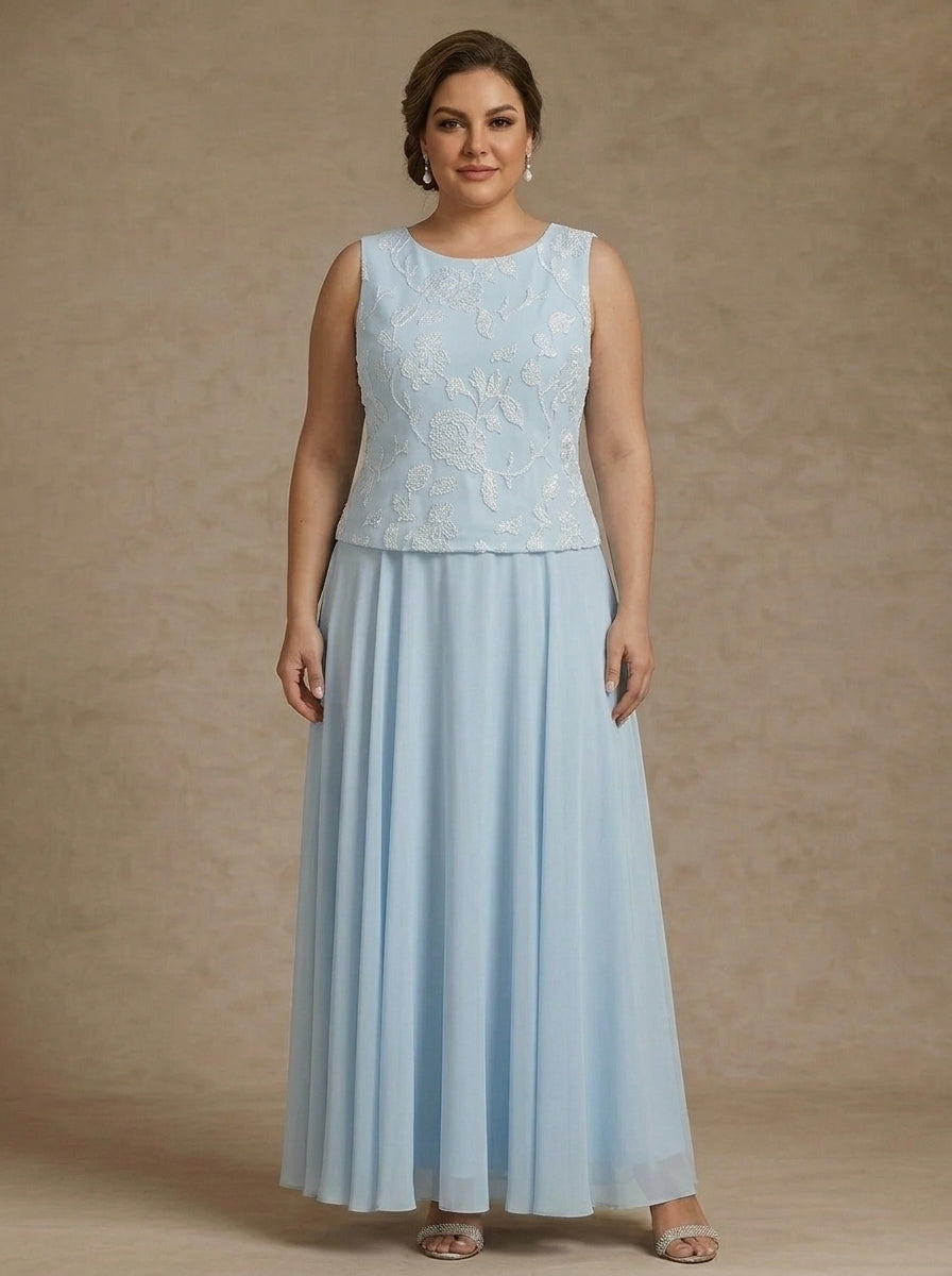 3 Pieces Suit A-Line/Princess Scoop Chiffon Plus Size Mother of the Bride Dresses with Jacket Lace Floral Ankle-Length Long Sleeves