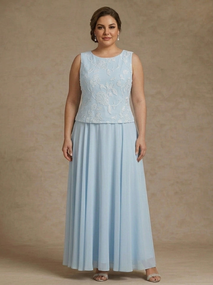 3 Pieces Suit A-Line/Princess Scoop Chiffon Plus Size Mother of the Bride Dresses with Jacket Lace Floral Ankle-Length Long Sleeves
