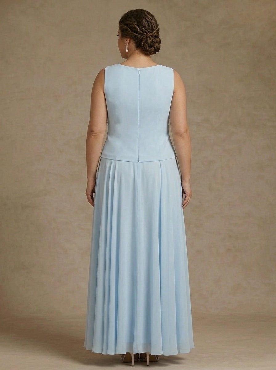 3 Pieces Suit A-Line/Princess Scoop Chiffon Plus Size Mother of the Bride Dresses with Jacket Lace Floral Ankle-Length Long Sleeves