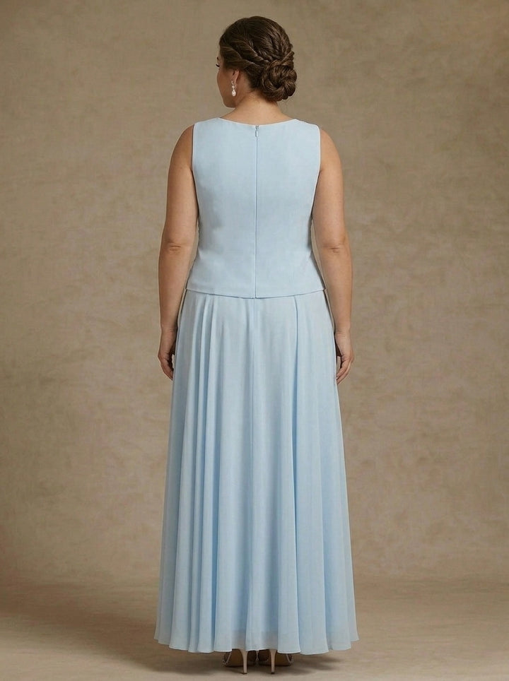 3 Pieces Suit A-Line/Princess Scoop Chiffon Plus Size Mother of the Bride Dresses with Jacket Lace Floral Ankle-Length Long Sleeves