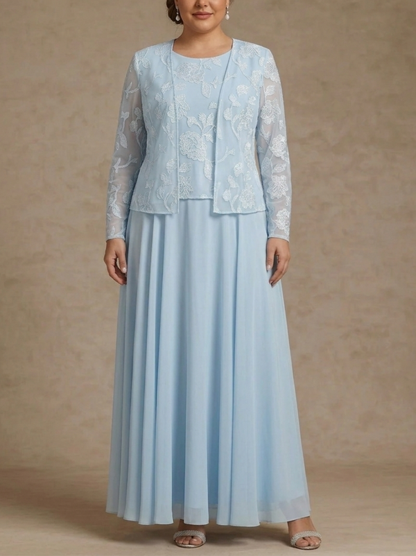 3 Pieces Suit A-Line/Princess Scoop Chiffon Plus Size Mother of the Bride Dresses with Jacket Lace Floral Ankle-Length Long Sleeves