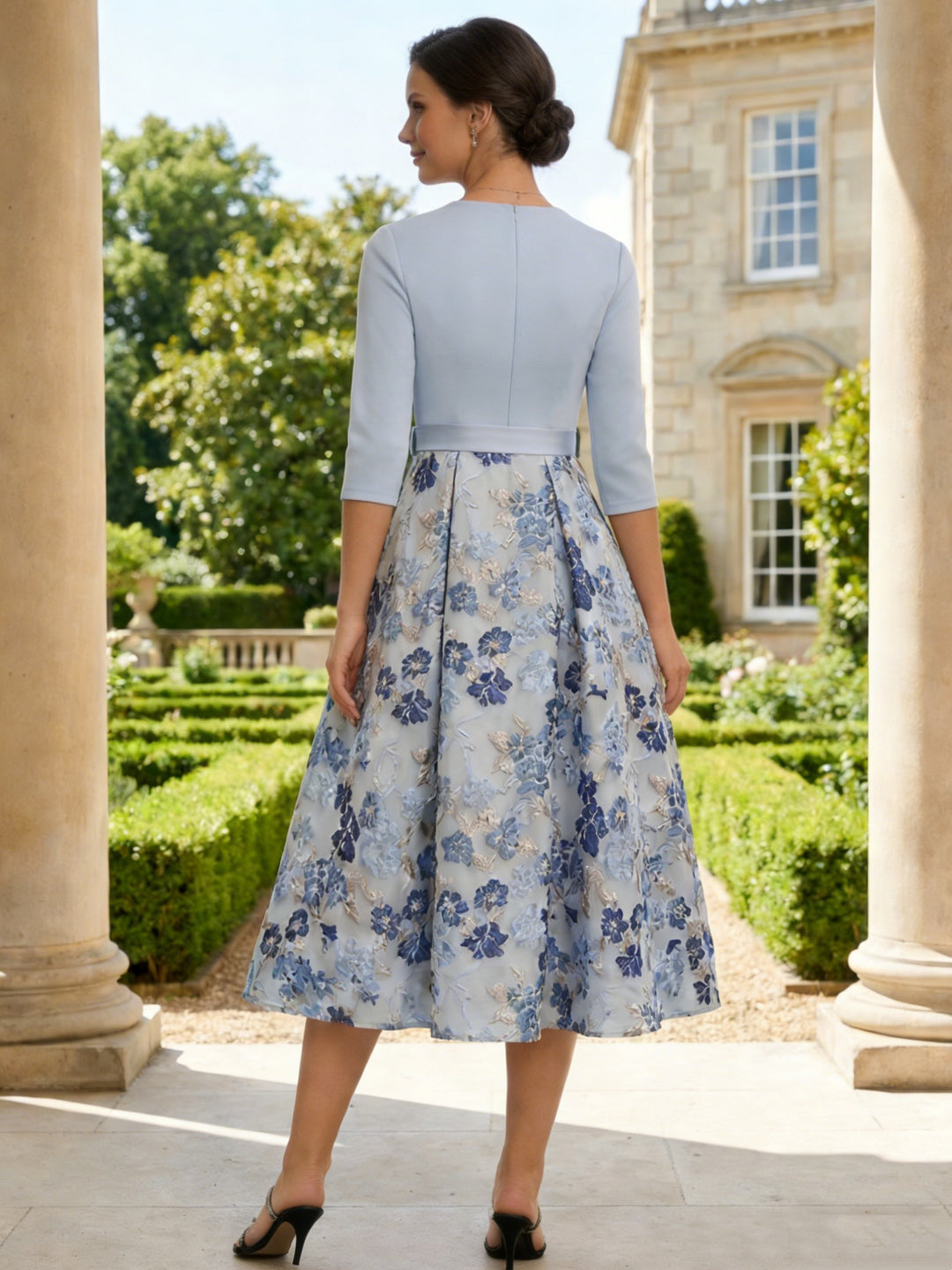 A-Line/Princess V-Neck Jacquard Mother of the Bride Dresses 3/4 Sleeves Floral Tea-Length Bowknot