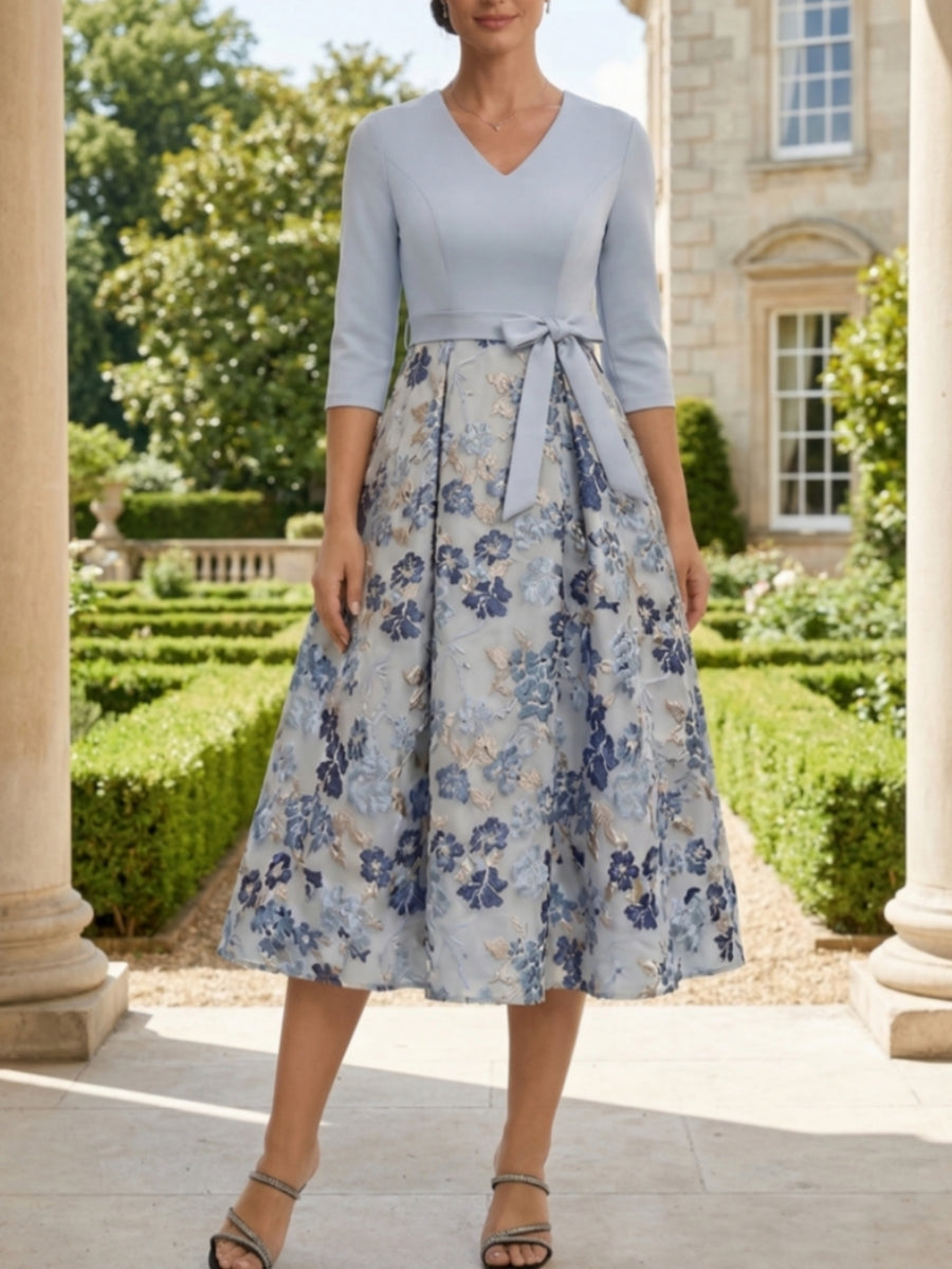 A-Line/Princess V-Neck Jacquard Mother of the Bride Dresses 3/4 Sleeves Floral Tea-Length Bowknot
