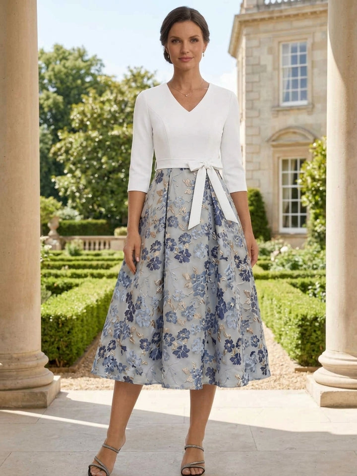 A-Line/Princess V-Neck Jacquard Mother of the Bride Dresses 3/4 Sleeves Floral Tea-Length Bowknot
