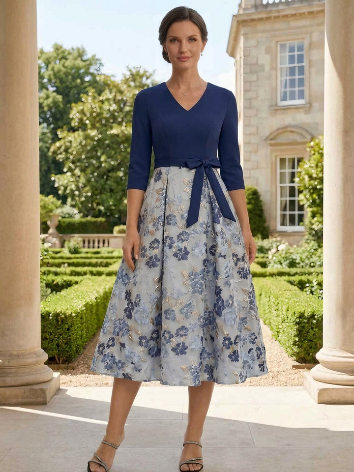 A-Line/Princess V-Neck Jacquard Mother of the Bride Dresses 3/4 Sleeves Floral Tea-Length Bowknot