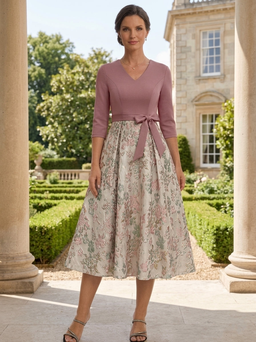 A-Line/Princess V-Neck Jacquard Mother of the Bride Dresses 3/4 Sleeves Floral Tea-Length Bowknot