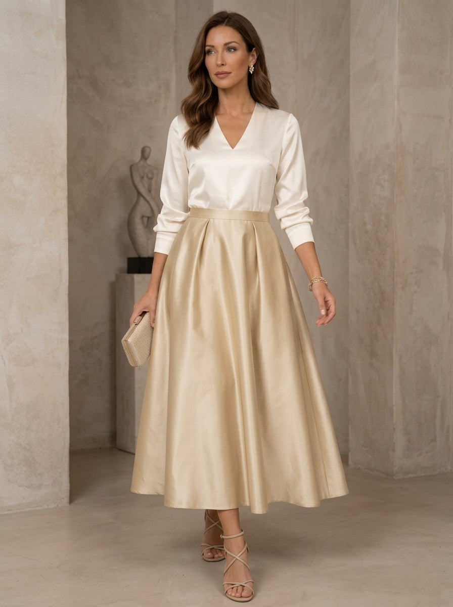 A-Line/Princess V-Neck Satin Mother of the Bride Dresses 3/4 Sleeves Tea-Length Pleated