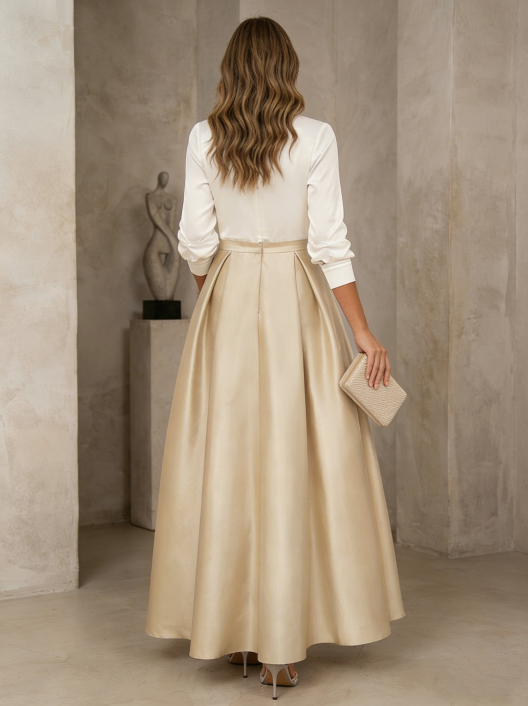 A-Line/Princess V-Neck Satin Mother of the Bride Dresses 3/4 Sleeves Tea-Length Pleated