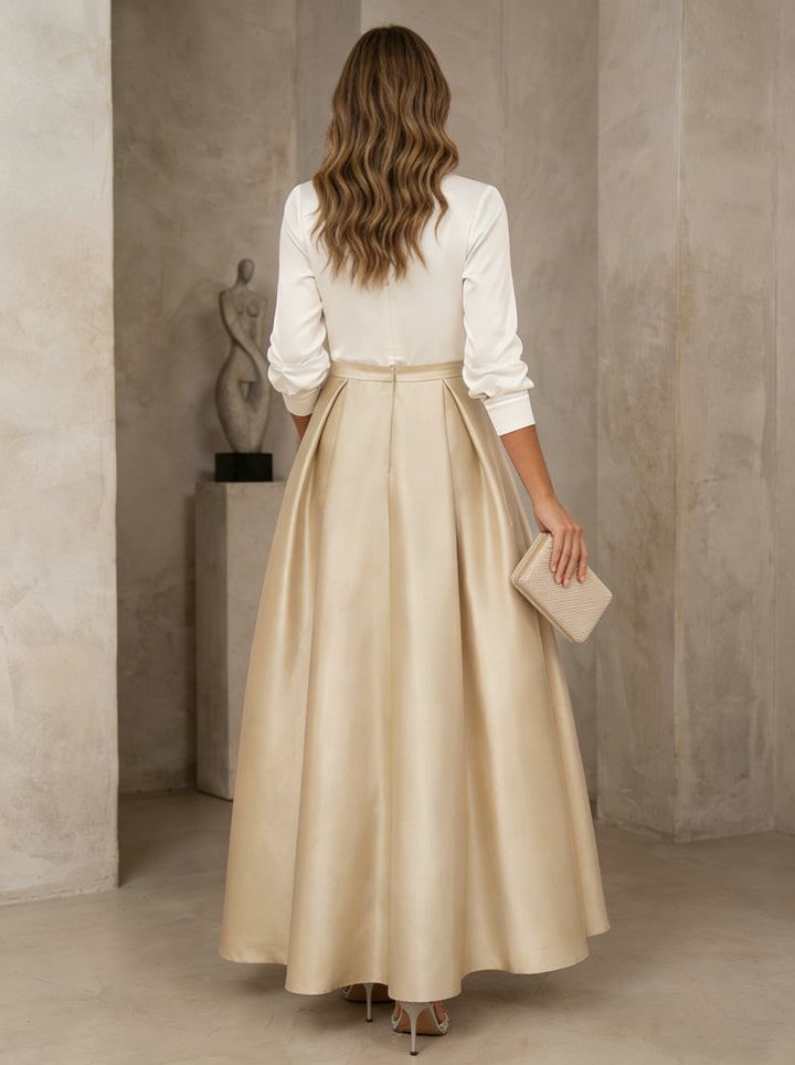 A-Line/Princess V-Neck Satin Mother of the Bride Dresses 3/4 Sleeves Tea-Length Pleated