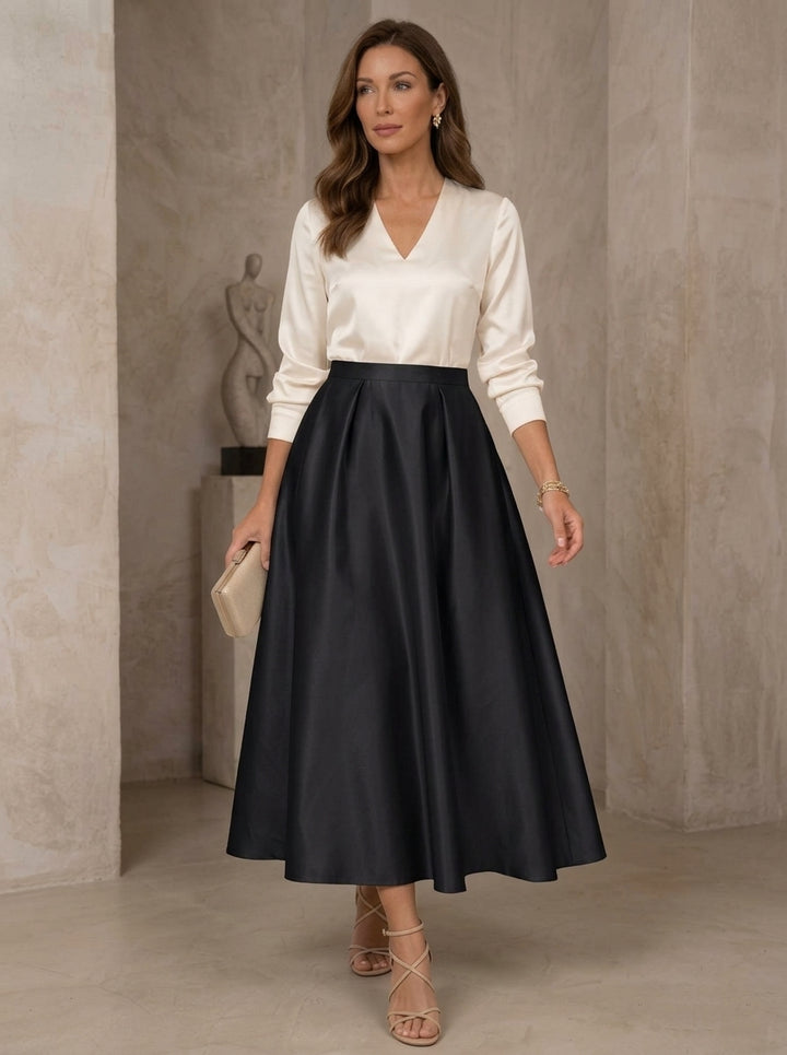 A-Line/Princess V-Neck Satin Mother of the Bride Dresses 3/4 Sleeves Tea-Length Pleated