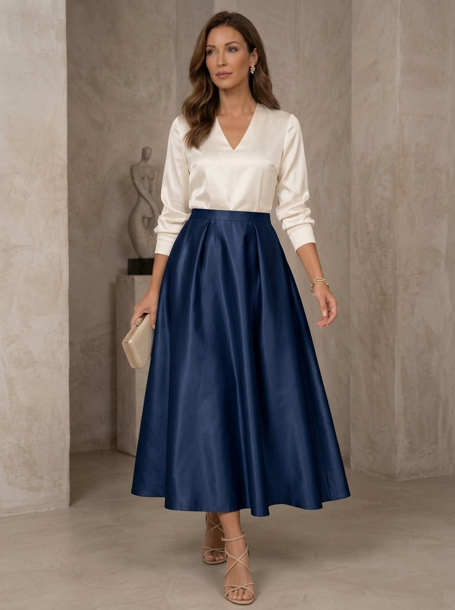 A-Line/Princess V-Neck Satin Mother of the Bride Dresses 3/4 Sleeves Tea-Length Pleated