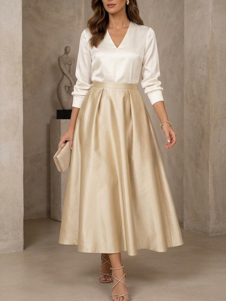 A-Line/Princess V-Neck Satin Mother of the Bride Dresses 3/4 Sleeves Tea-Length Pleated