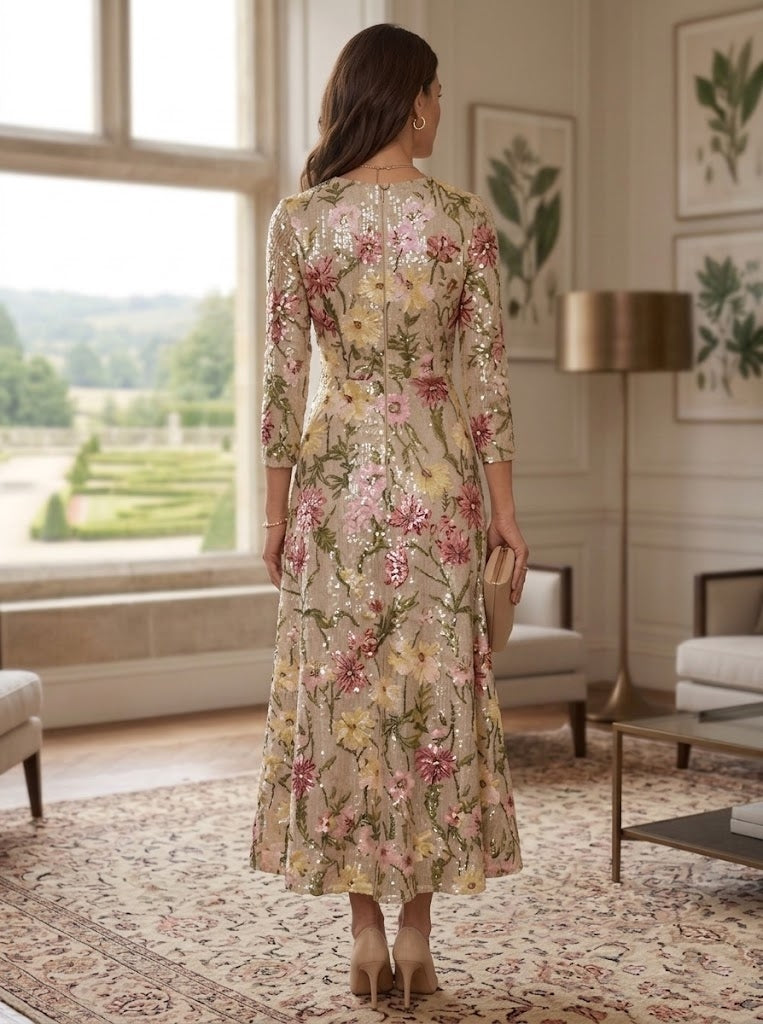 A-Line/Princess Scoop Sequins Mother of the Bride Dresses 3/4 Sleeves Floral Ankle-Length