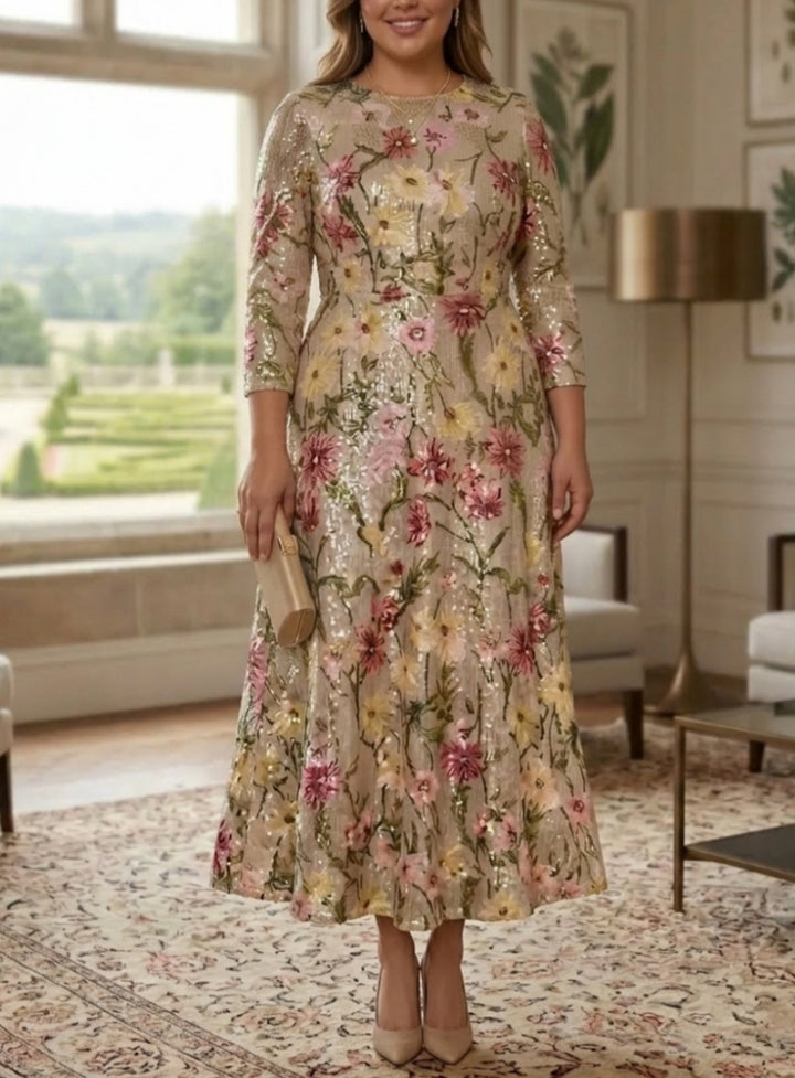 A-Line/Princess Scoop Sequins Plus Size Mother of the Bride Dresses 3/4 Sleeves Floral Ankle-Length