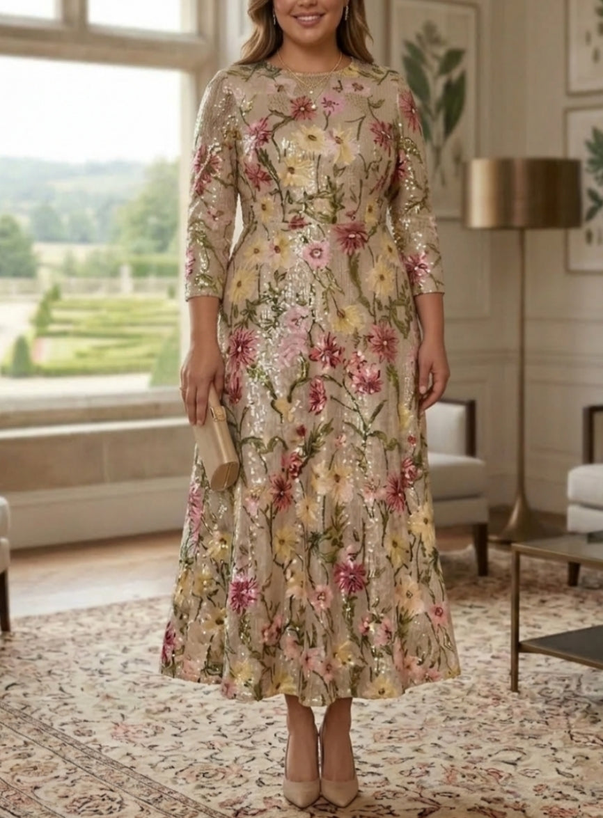 A-Line/Princess Scoop Sequins Plus Size Mother of the Bride Dresses 3/4 Sleeves Floral Ankle-Length