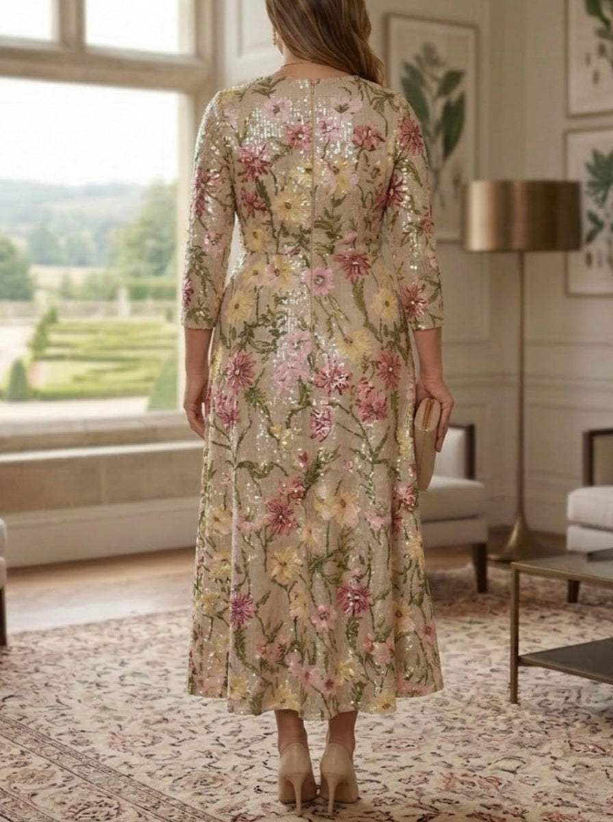 A-Line/Princess Scoop Sequins Plus Size Mother of the Bride Dresses 3/4 Sleeves Floral Ankle-Length