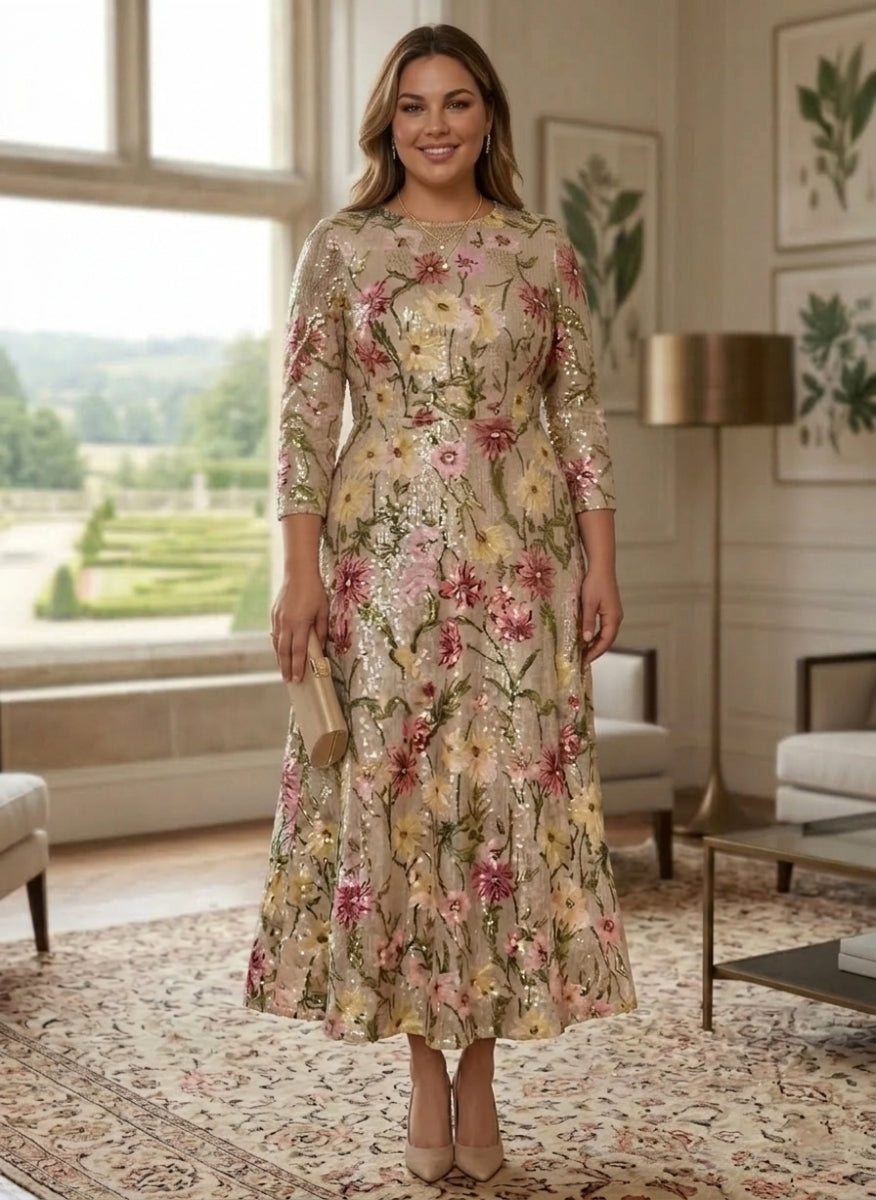 A-Line/Princess Scoop Sequins Plus Size Mother of the Bride Dresses 3/4 Sleeves Floral Ankle-Length