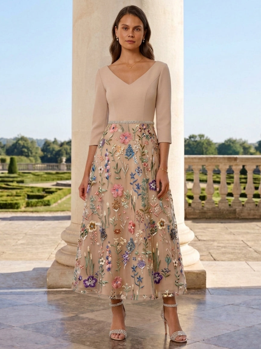 A-Line/Princess V-Neck Satin Mother of the Bride Dresses 3/4 Sleeves Lace Embroidery Floral Ankle-Length Sash
