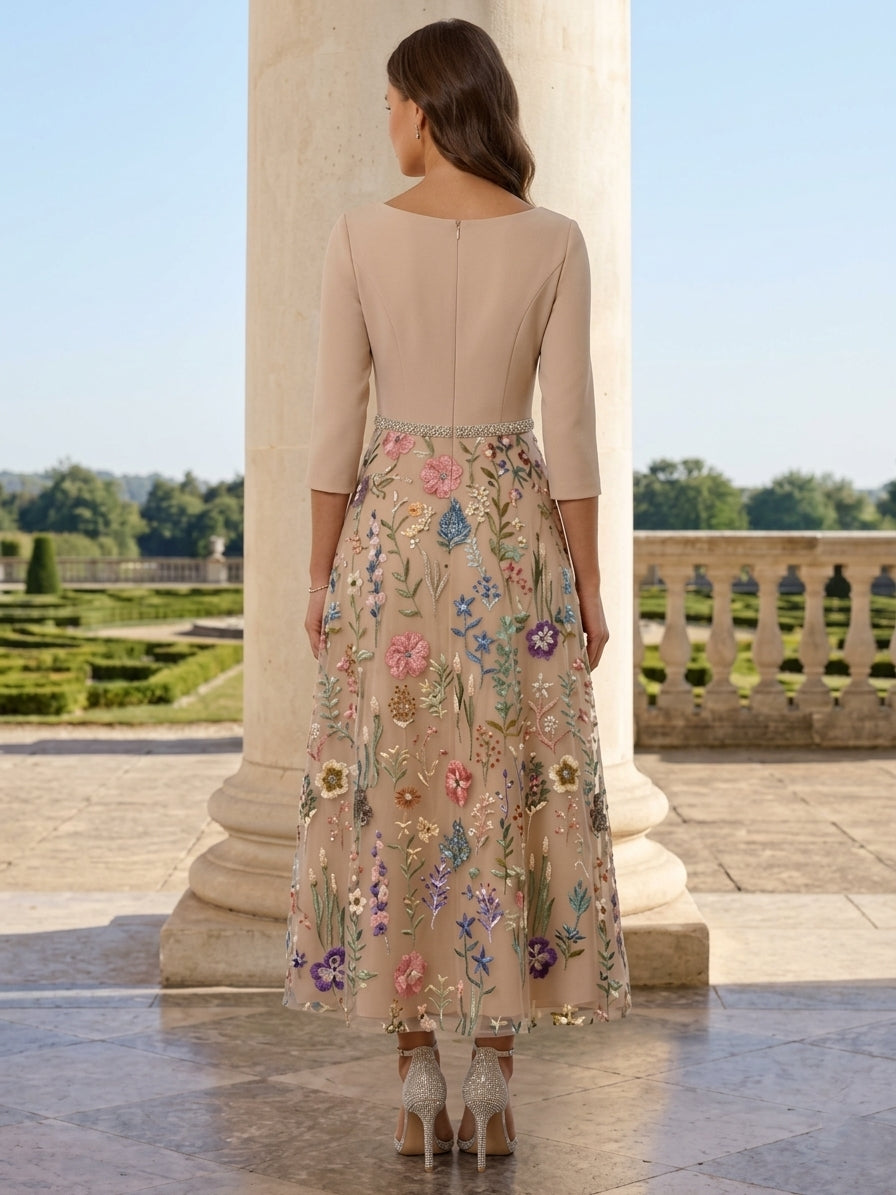 A-Line/Princess V-Neck Satin Mother of the Bride Dresses 3/4 Sleeves Lace Embroidery Floral Ankle-Length Sash