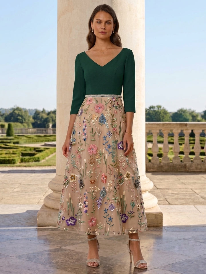 A-Line/Princess V-Neck Satin Mother of the Bride Dresses 3/4 Sleeves Lace Embroidery Floral Ankle-Length Sash