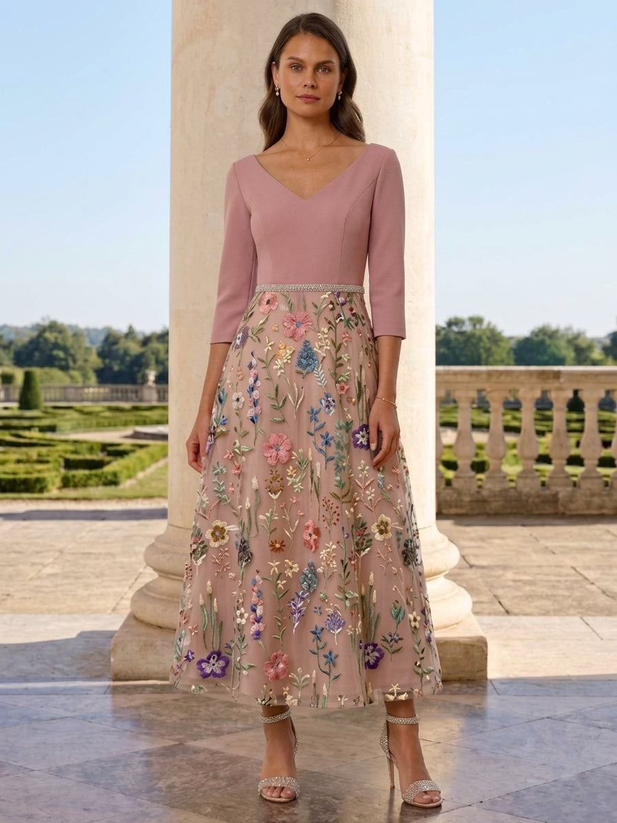 A-Line/Princess V-Neck Satin Mother of the Bride Dresses 3/4 Sleeves Lace Embroidery Floral Ankle-Length Sash