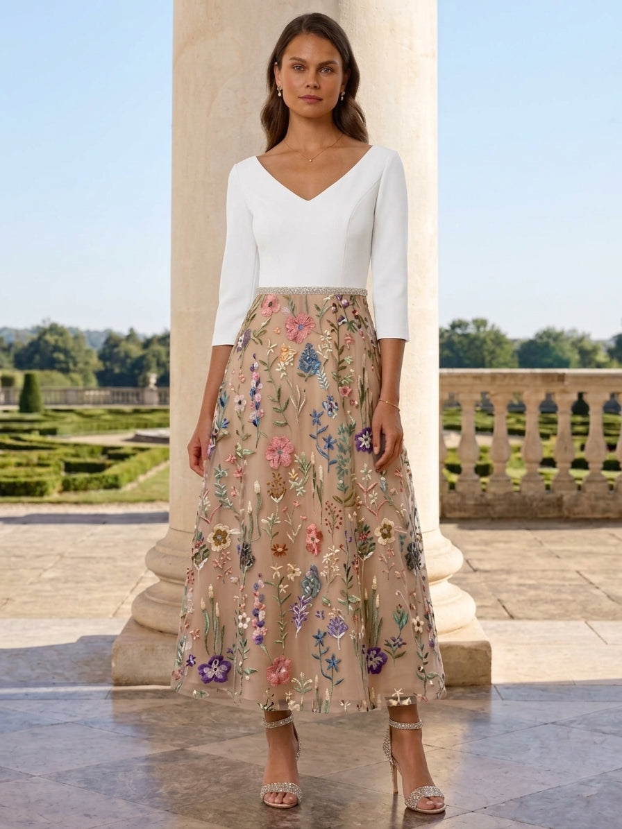 A-Line/Princess V-Neck Satin Mother of the Bride Dresses 3/4 Sleeves Lace Embroidery Floral Ankle-Length Sash