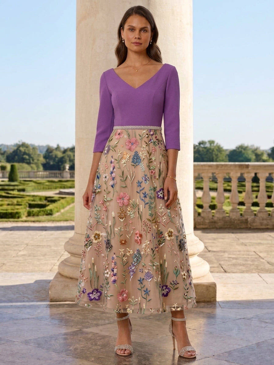 A-Line/Princess V-Neck Satin Mother of the Bride Dresses 3/4 Sleeves Lace Embroidery Floral Ankle-Length Sash