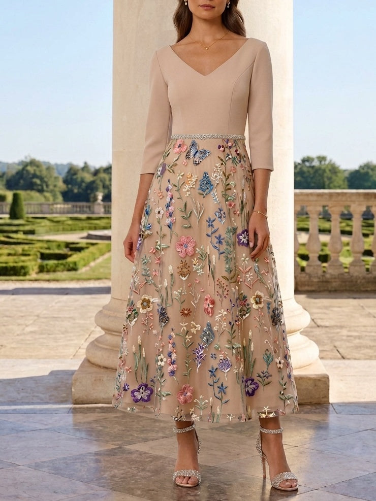 A-Line/Princess V-Neck Satin Mother of the Bride Dresses 3/4 Sleeves Lace Embroidery Floral Ankle-Length Sash