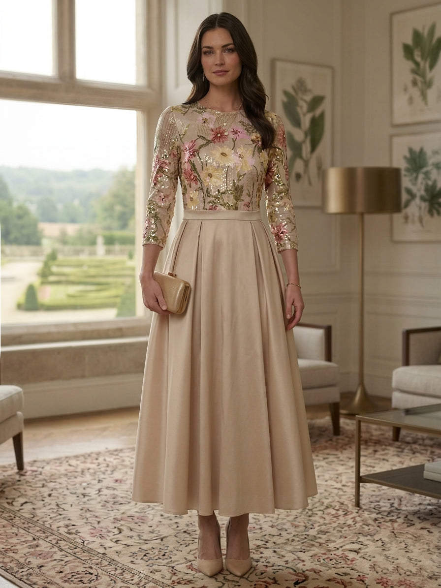 A-Line/Princess Scoop Satin Mother of the Bride Dresses 3/4 Sleeves Sequins Floral Ankle-Length