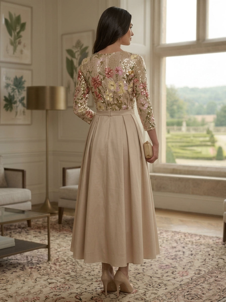 A-Line/Princess Scoop Satin Mother of the Bride Dresses 3/4 Sleeves Sequins Floral Ankle-Length