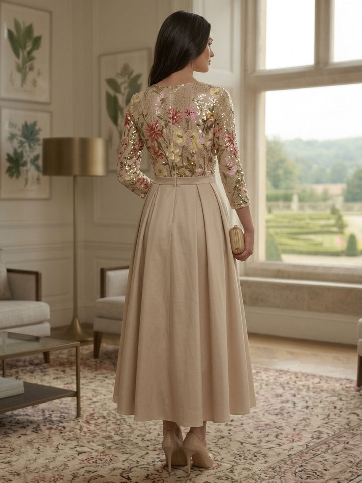 A-Line/Princess Scoop Satin Mother of the Bride Dresses 3/4 Sleeves Sequins Floral Ankle-Length