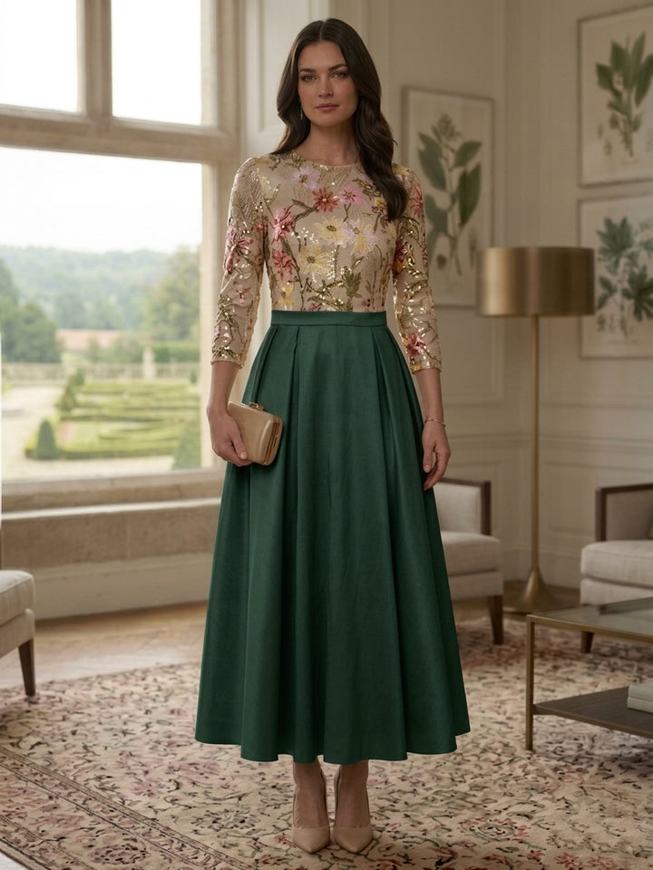 A-Line/Princess Scoop Satin Mother of the Bride Dresses 3/4 Sleeves Sequins Floral Ankle-Length