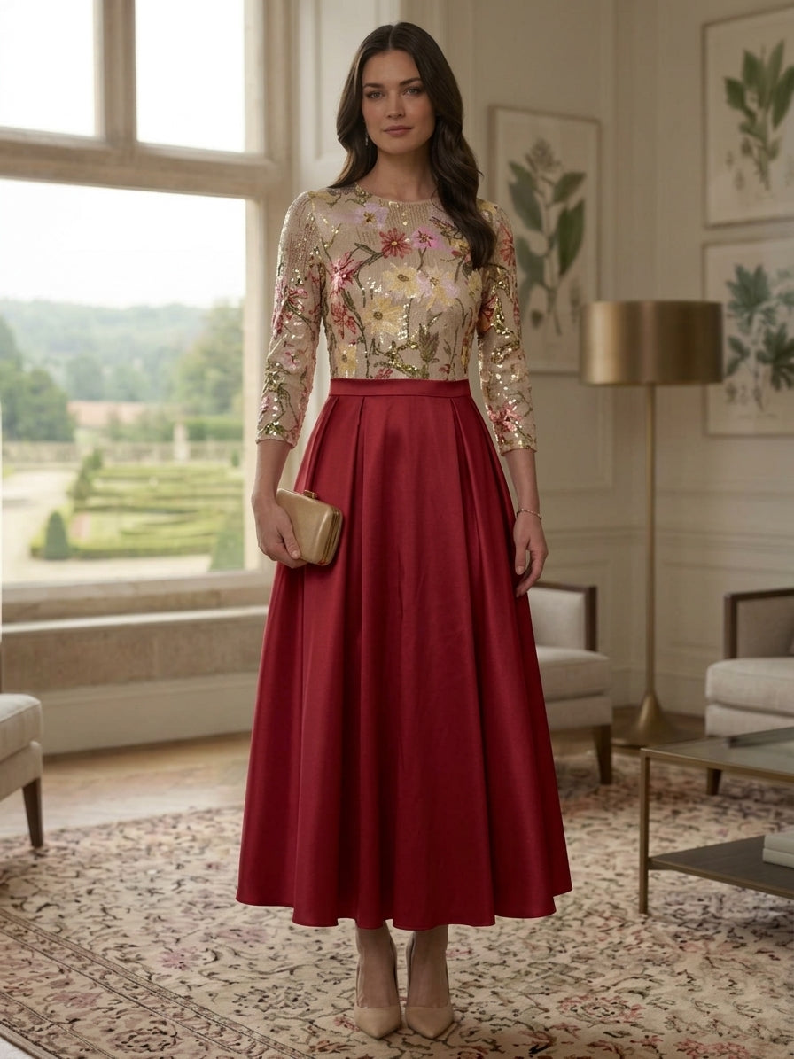 A-Line/Princess Scoop Satin Mother of the Bride Dresses 3/4 Sleeves Sequins Floral Ankle-Length