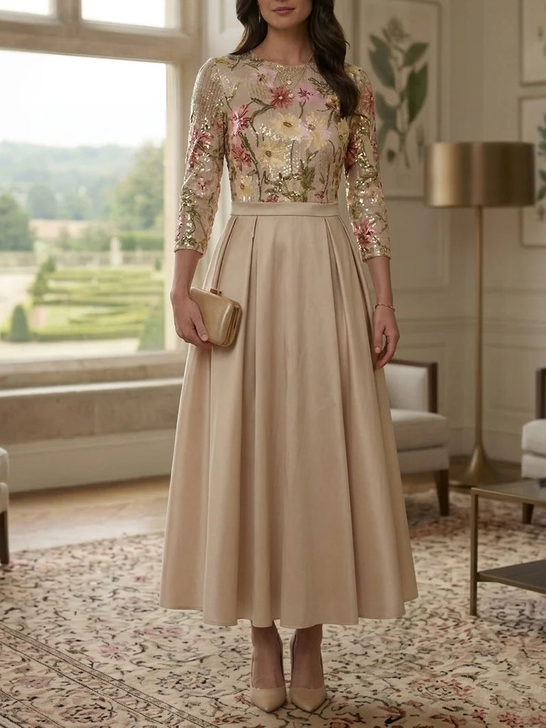 A-Line/Princess Scoop Satin Mother of the Bride Dresses 3/4 Sleeves Sequins Floral Ankle-Length