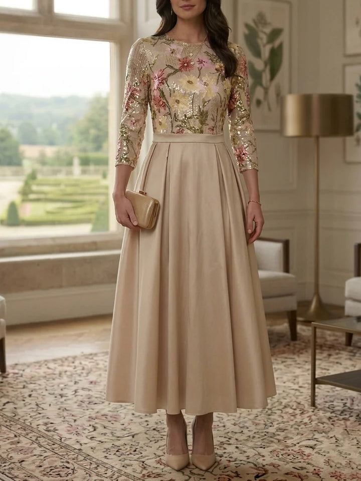 A-Line/Princess Scoop Satin Mother of the Bride Dresses 3/4 Sleeves Sequins Floral Ankle-Length