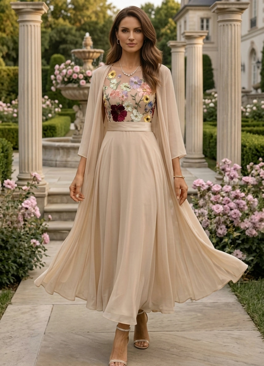 2 Piece A-Line/Princess Scoop Chiffon Mother of the Bride Dresses with Jacket 3/4 Sleeves Lace Floral Ankle-Length
