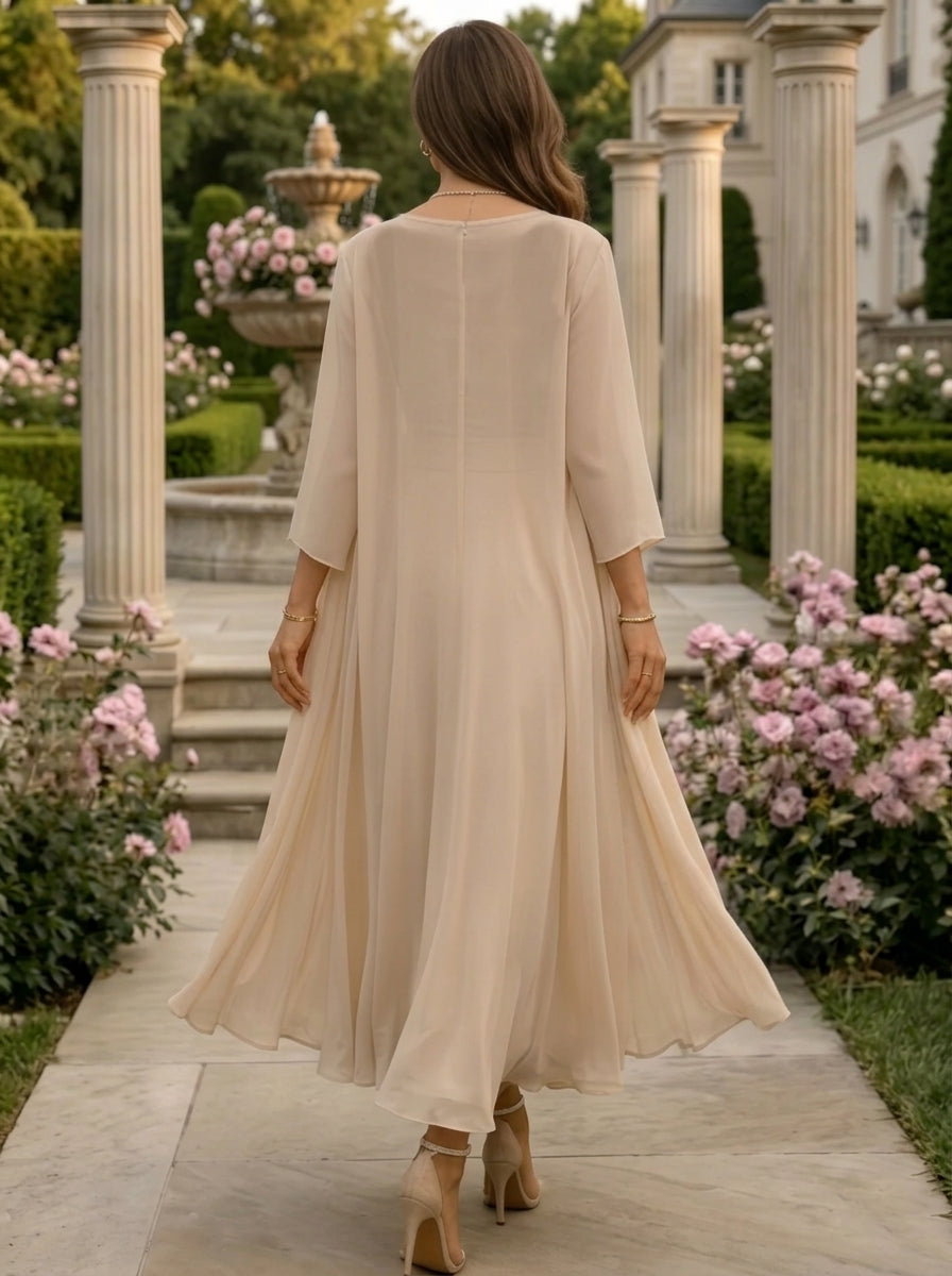 2 Piece A-Line/Princess Scoop Chiffon Mother of the Bride Dresses with Jacket 3/4 Sleeves Lace Floral Ankle-Length, Champagne