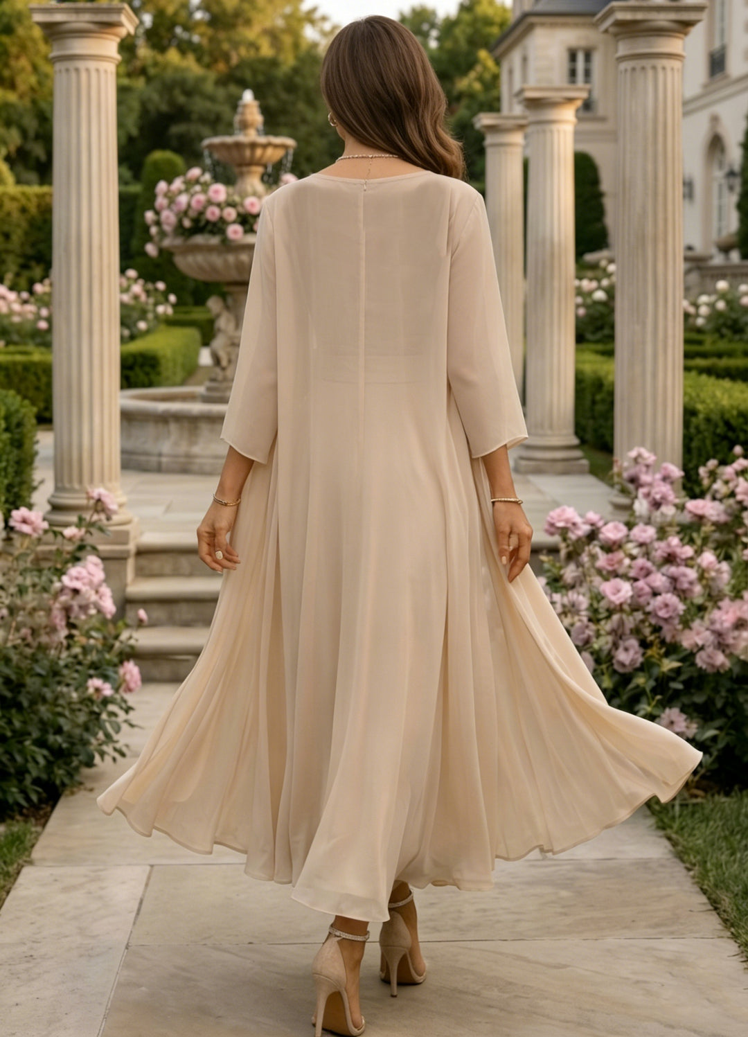 2 Piece A-Line/Princess Scoop Chiffon Mother of the Bride Dresses with Jacket 3/4 Sleeves Lace Floral Ankle-Length