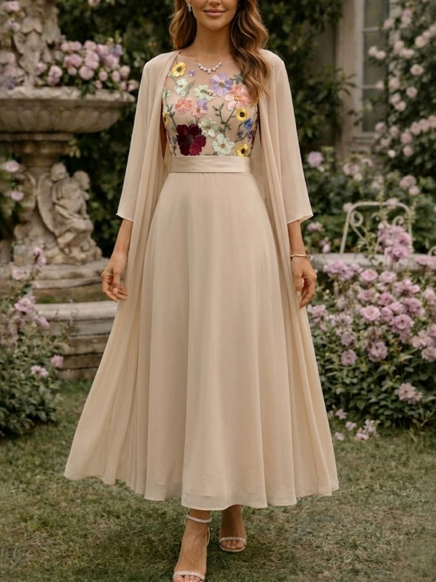 2 Piece A-Line/Princess Scoop Chiffon Mother of the Bride Dresses with Jacket 3/4 Sleeves Lace Floral Ankle-Length, Champagne