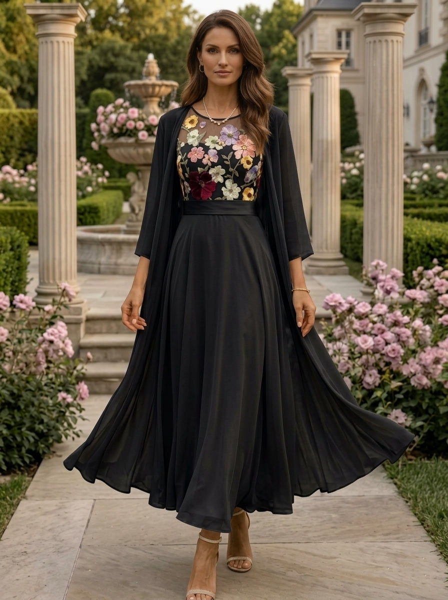 2 Piece A-Line/Princess Scoop Chiffon Mother of the Bride Dresses with Jacket 3/4 Sleeves Lace Floral Ankle-Length