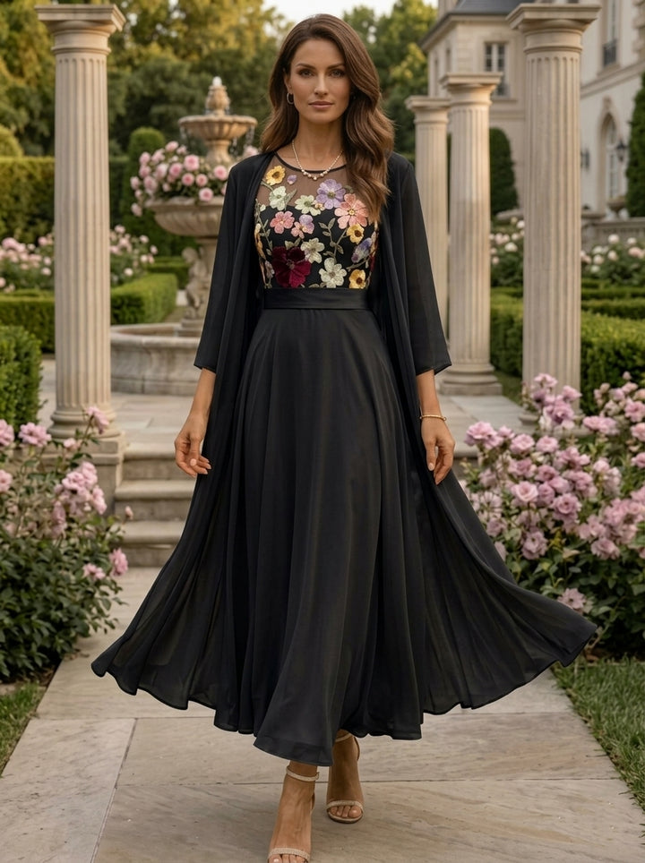 2 Piece A-Line/Princess Scoop Chiffon Mother of the Bride Dresses with Jacket 3/4 Sleeves Lace Floral Ankle-Length