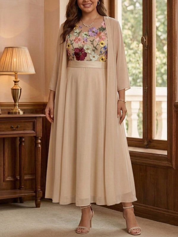 2 Piece A-Line/Princess Scoop Chiffon Plus Size Mother of the Bride Dresses with Jacket 3/4 Sleeves Lace Floral Ankle-Length