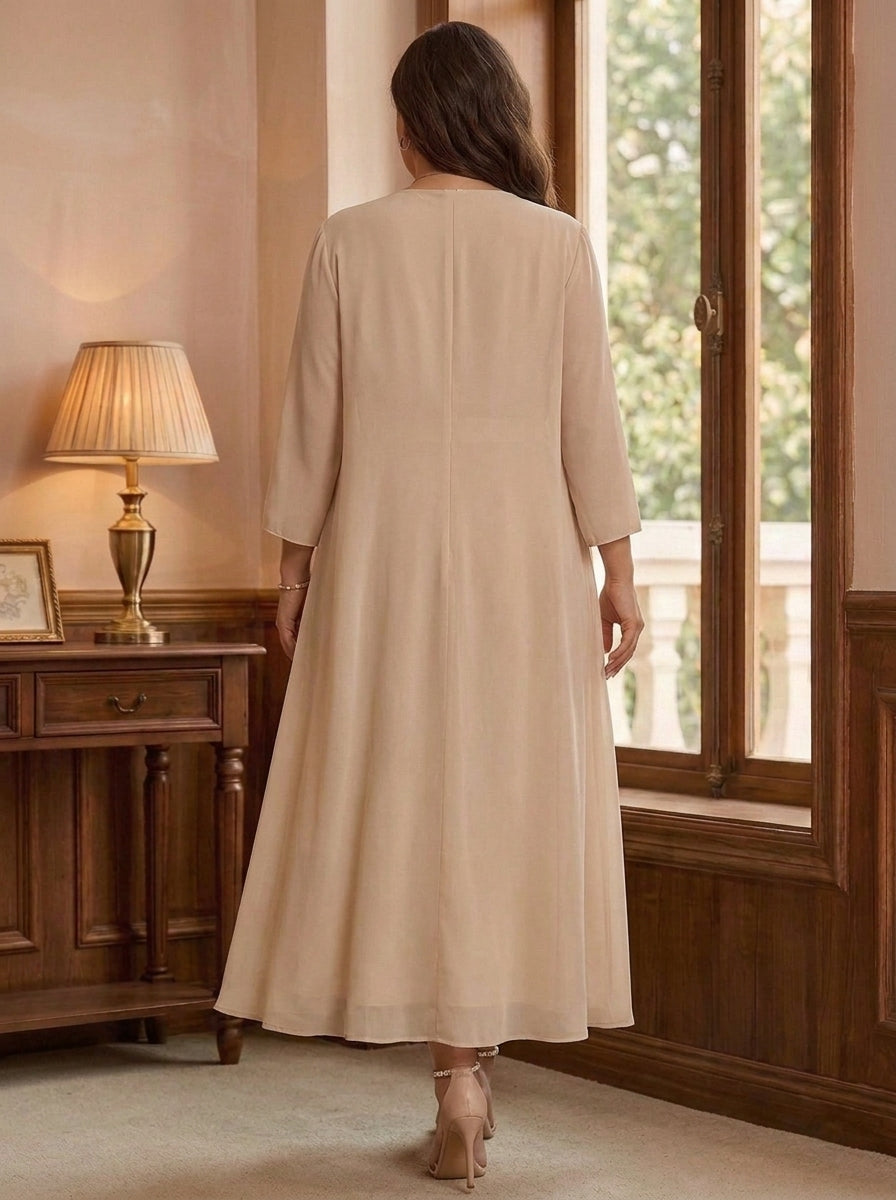 2 Piece A-Line/Princess Scoop Chiffon Plus Size Mother of the Bride Dresses with Jacket 3/4 Sleeves Lace Floral Ankle-Length