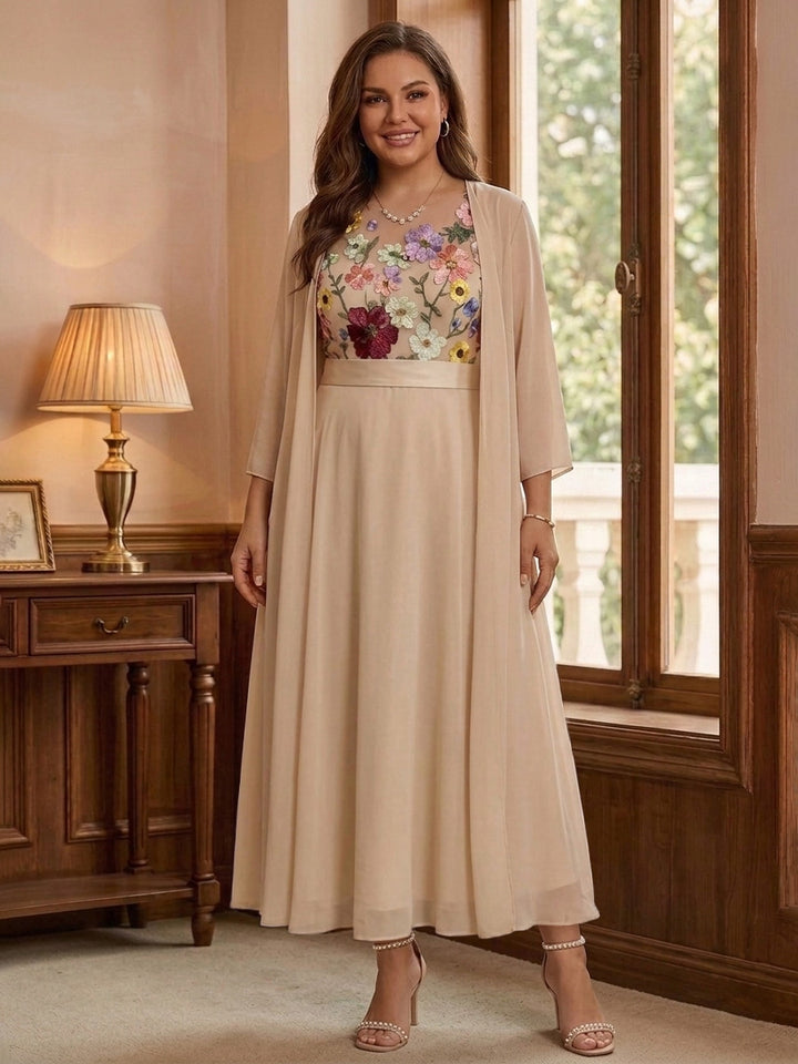 2 Piece A-Line/Princess Scoop Chiffon Plus Size Mother of the Bride Dresses with Jacket 3/4 Sleeves Lace Floral Ankle-Length