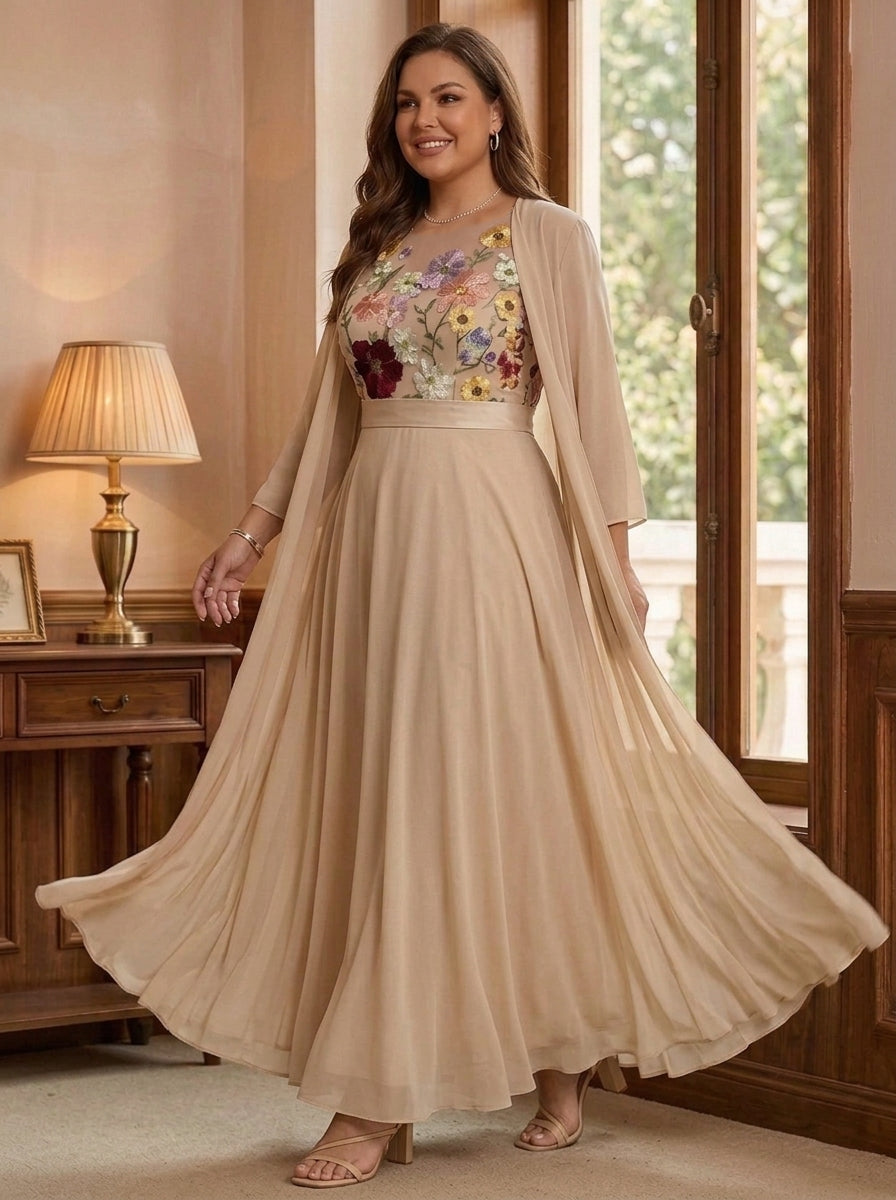 2 Piece A-Line/Princess Scoop Chiffon Plus Size Mother of the Bride Dresses with Jacket 3/4 Sleeves Lace Floral Ankle-Length