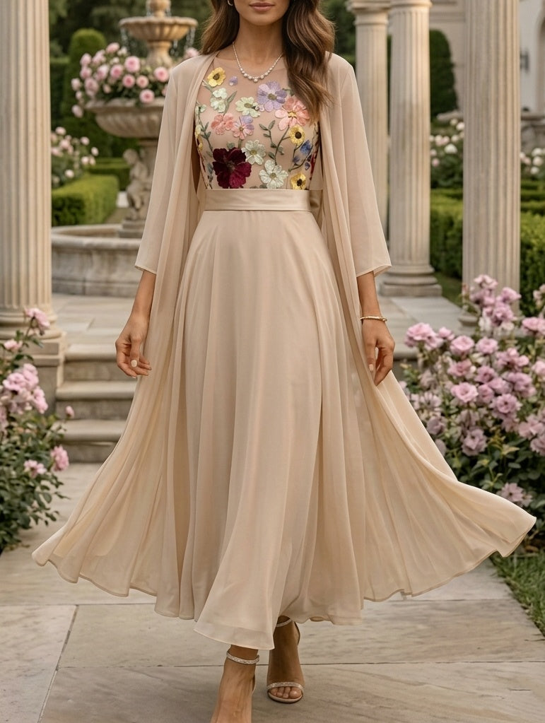2 Piece A-Line/Princess Scoop Chiffon Mother of the Bride Dresses with Jacket 3/4 Sleeves Lace Floral Ankle-Length, Champagne