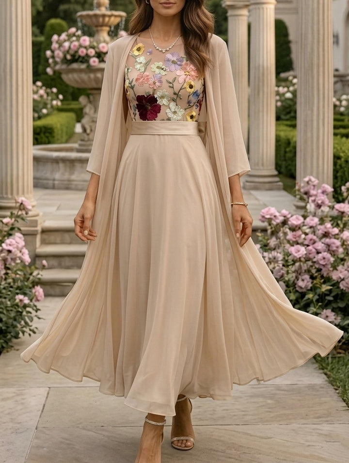 2 Piece A-Line/Princess Scoop Chiffon Mother of the Bride Dresses with Jacket 3/4 Sleeves Lace Floral Ankle-Length