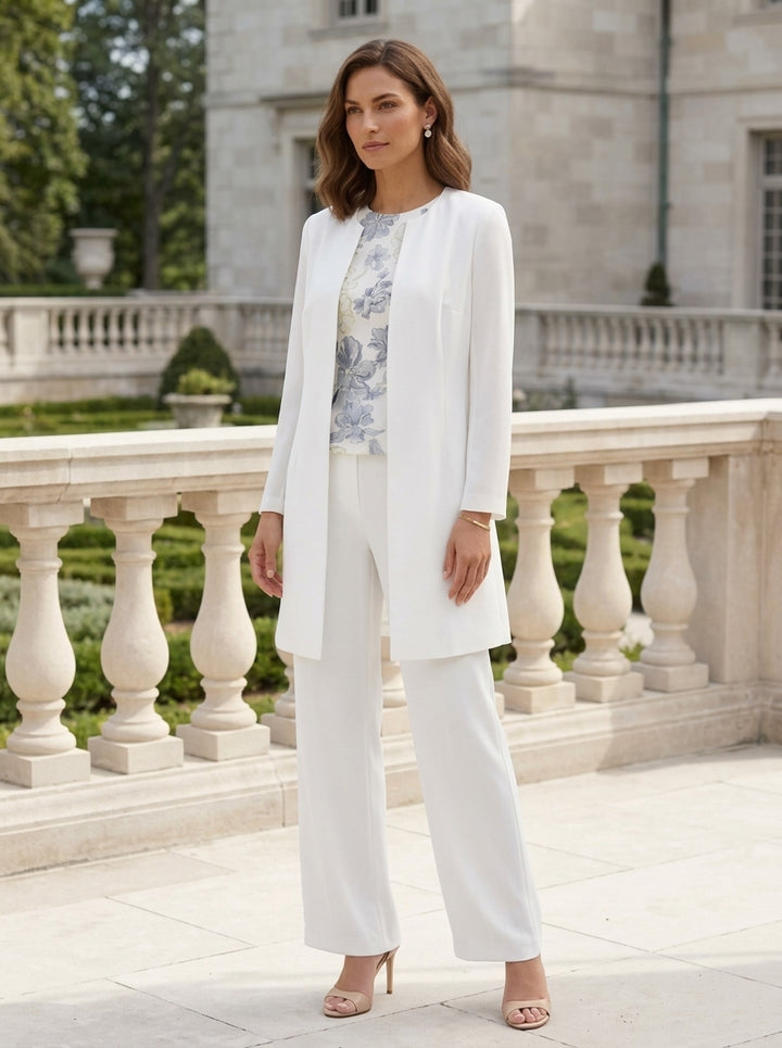 3 Pieces Suit Scoop Stretch Satin Mother of the Bride Pantsuits with Jacket Long Sleeves Floral Ankle-Length